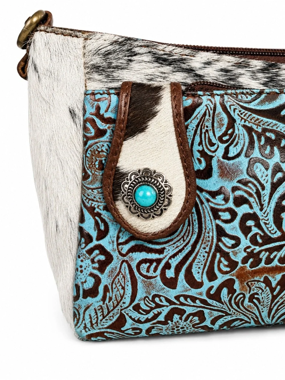 Womens Turquoise Tooled Leather Crossbody Bag with Brown Trim